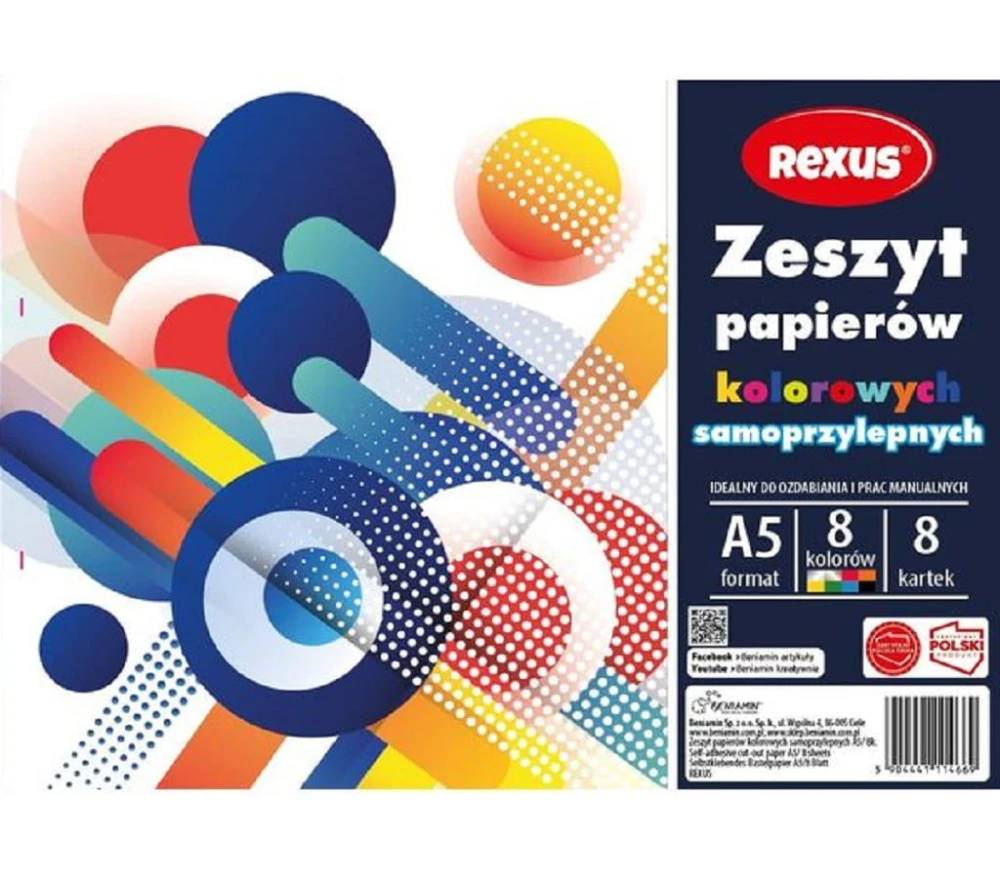 Blok papierów kolorowych samoprzylepnych Rexus A5 - 8 kolorów