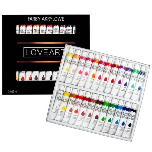 Farby akrylowe Loveart 24x12ml, biała farba 200ml, pędzel nylonowy r. 0