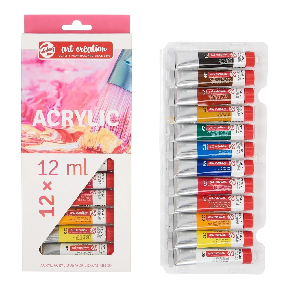Farby akrylowe Talens Art Creation 12x12ml + pędzle 3szt + paletka