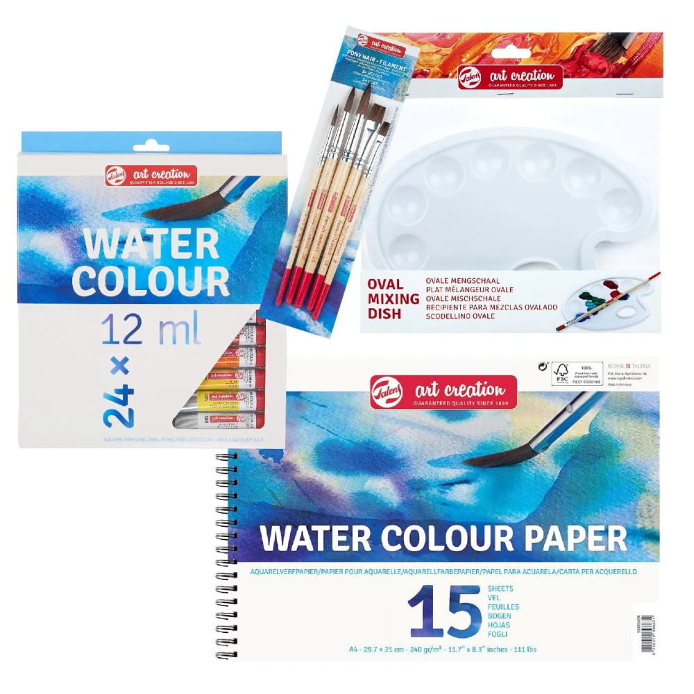 Farby akwarelowe Art Creation 24x12ml Talens + pędzle paletka i blok