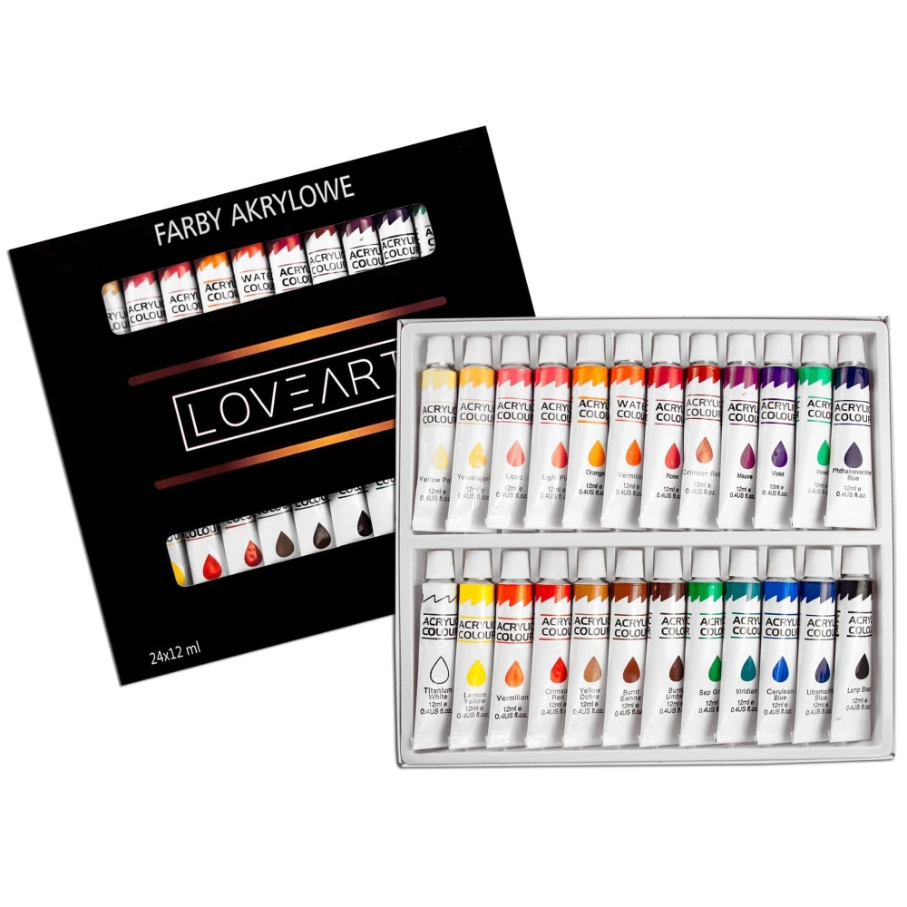 Zestaw malarski - farby akrylowe LOVEART 24x12 ml, 15 pędzli, paletka