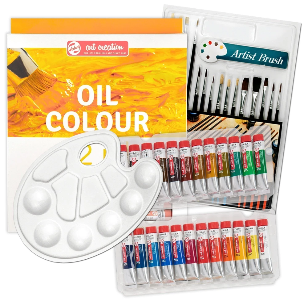 Zestaw malarski - farby olejne Talens 24x12 ml, 15 pędzli, paletka