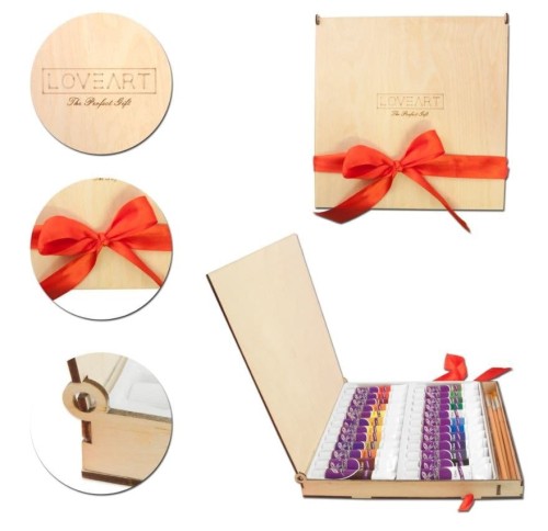 Zestaw malarski w drewnianej kasetce LOVEART Farby akrylowe 24x12 ml i 6 pędzli #1