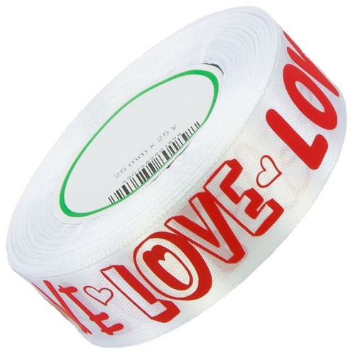 Wstążka satynowa biała 25mm napis LOVE 01 white #1