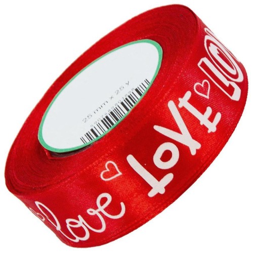 Wstążka satynowa czerwona 25mm napis LOVE 05 red #1