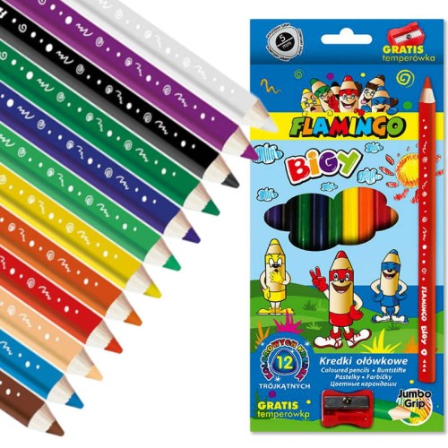 Zestaw 12 kredek trójkątnych Flamingo Jumbo + temperówka #1