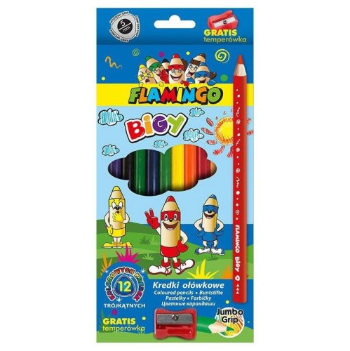Zestaw 12 kredek trójkątnych Flamingo Jumbo + temperówka #2