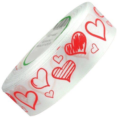 Wstążka satynowa 25 mm - nadruk serca - 01 white - biała - ok. 23 m  #1