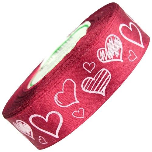 Wstążka satynowa 25 mm - nadruk serca - 26 dark red - bordo - ok. 23 m  #1