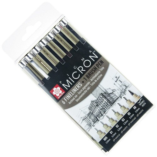 Zestaw cienkopisów Pigma Micron czarne 6szt. + Brush Pen #1