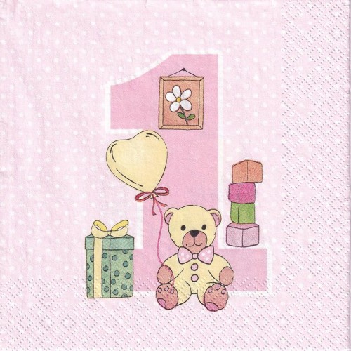 Serwetka 33x33cm -  First Birthday with Teddy Pink #1