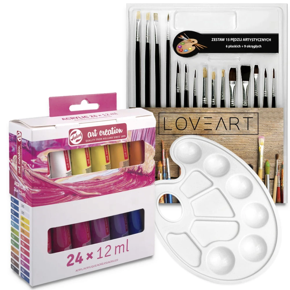 Zestaw malarski - farby akrylowe Talens 24x12 ml, 15 pędzli, paletka #1