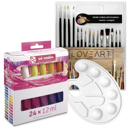 Zestaw malarski - farby akrylowe Talens 24x12 ml, 15 pędzli, paletka #1