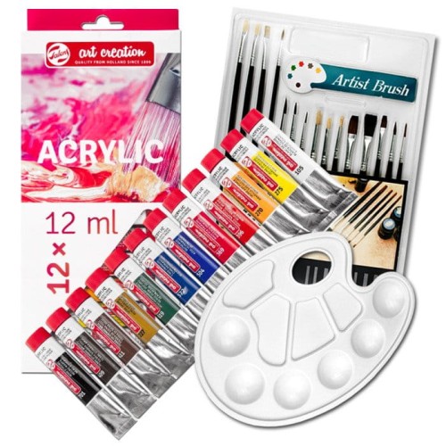Zestaw malarski - farby akrylowe Talens 12x12 ml, 15 pędzli, paletka #1