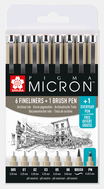 Zestaw cienkopisów Pigma Micron czarne 7szt. + 1szt. #1