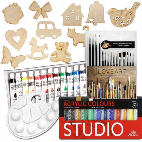 Zestaw kreatywny malarski dla dzieci - farby Phoenix, zestaw pędzli, paletka, drewienka #1