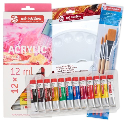 Farby akrylowe Talens Art Creation 12x12ml + pędzle 3szt + paletka #1
