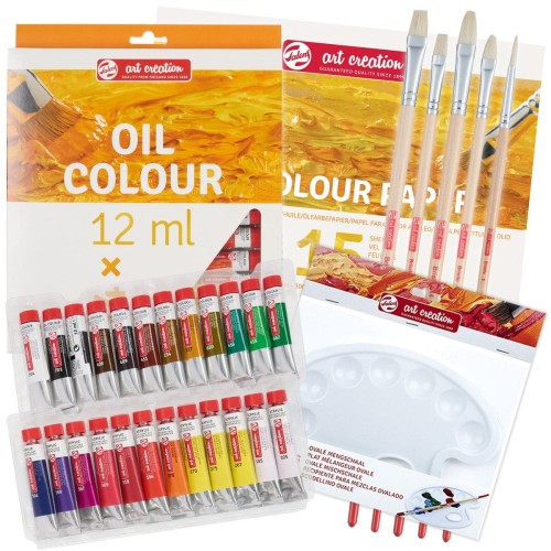 Zestaw farb olejnych Talens 24x12 ml + pędzle paletka i blok #1