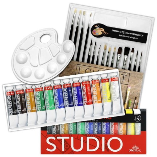Zestaw malarski - farby akrylowe Phoenix 12x12 ml, pędzle 15 sztuk, paletka #1