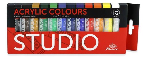 Zestaw malarski - farby akrylowe Phoenix 12x12 ml, pędzle 15 sztuk, paletka #2