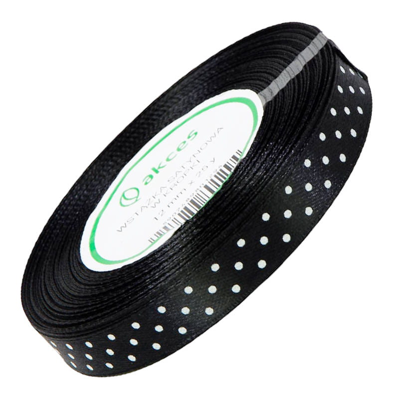 Wstążka satynowa w kropki 12mm - ok. 23 m - 08 czarna #1