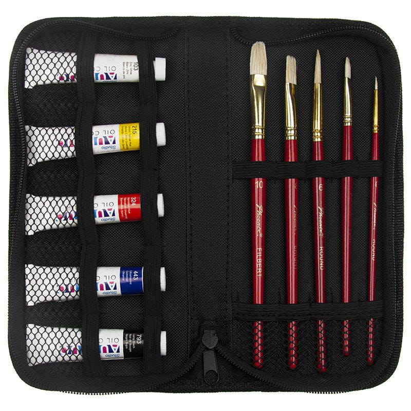 Zestaw malarski podróżny w etui - Phoenix - farby olejne 5x12 ml, 5 pędzli #6