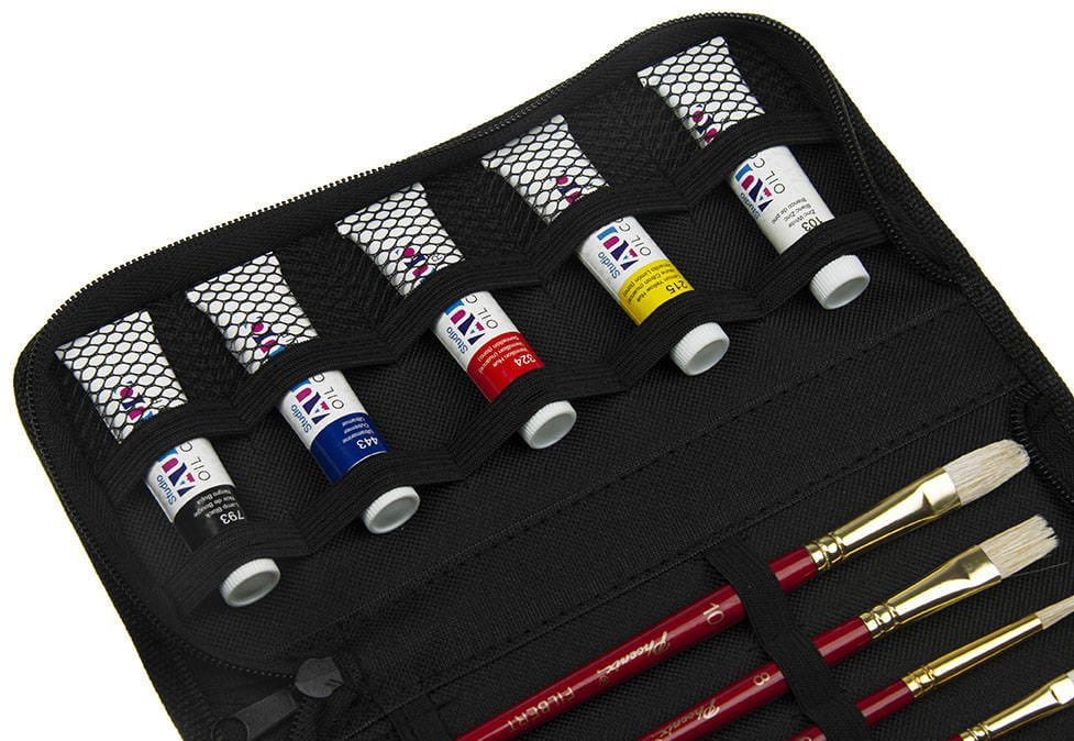 Zestaw malarski podróżny w etui - Phoenix - farby olejne 5x12 ml, 5 pędzli #8