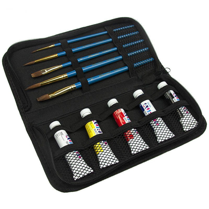 Zestaw malarski podróżny w etui - Phoenix - farby akwarelowe 5x12 ml, 5 pędzli #6