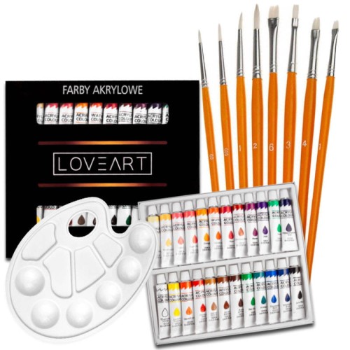 Zestaw malarski - farby akrylowe LOVEART 24x12 ml, 8 pędzli, paletka #1
