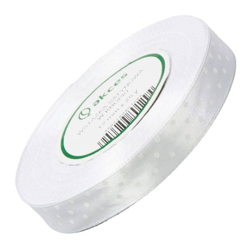 Wstążka satynowa biała w białe kropki 12mm 23m #1