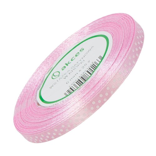 Wstążka satynowa w kropki różowa 6mm - 22m #1