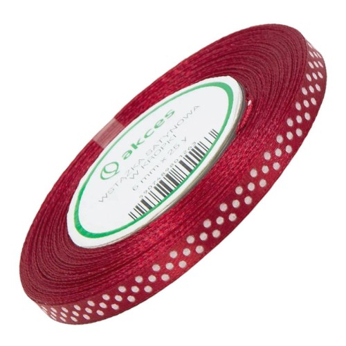 Wstążka satynowa w kropki burgund 6mm - 22m #1