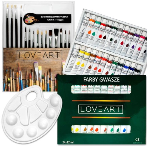 Zestaw malarski - farby Gwasze Loveart 24x12 ml, 15 pędzli, paletka #1