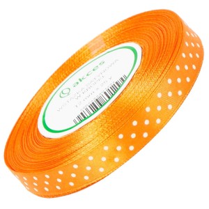 Wstążka satynowa pomarańczowa w białe kropki 12mm 23m #1