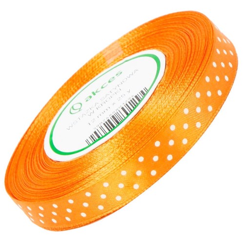 Wstążka satynowa pomarańczowa w białe kropki 12mm 23m #1