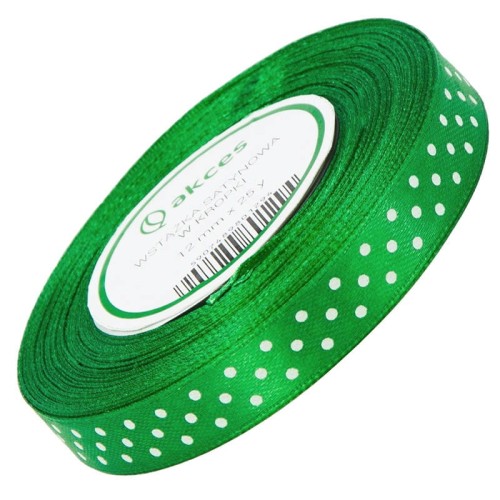 Wstążka satynowa zielona w białe kropki 12mm 23m #1