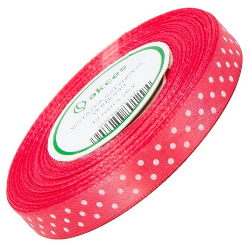 Wstążka satynowa koralowa w białe kropki 12mm 23m #1