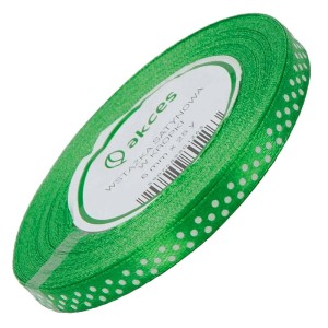 Wstążka satynowa zielona w białe kropki 6mm - 23m #1