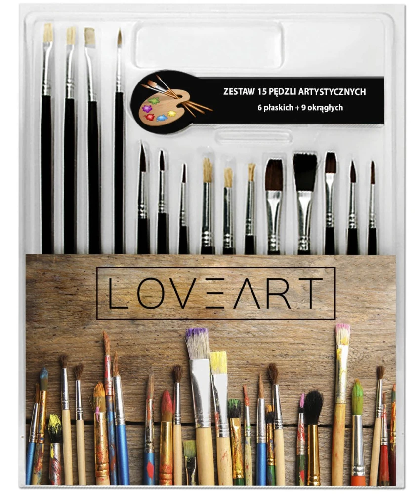 Zestaw LOVEART - 15 pędzli artystycznych (okrągłe i płaskie) #1