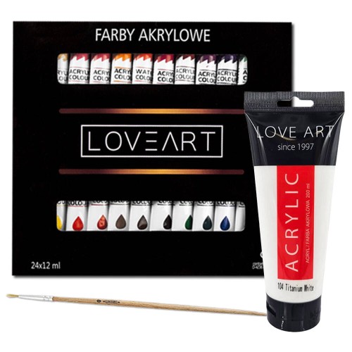 Farby akrylowe Loveart 24x12ml, biała farba 200ml, pędzel nylonowy r. 0 #1