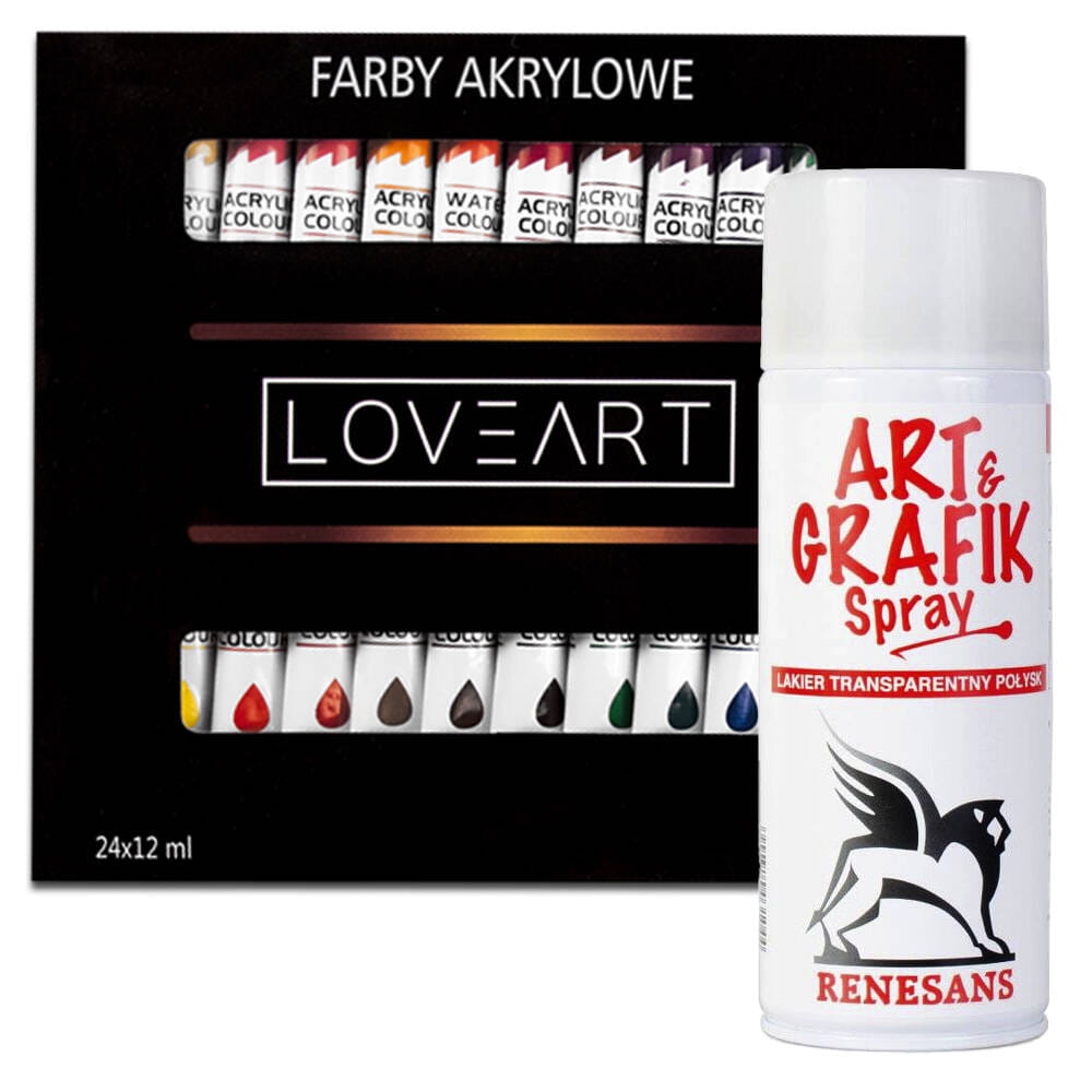 Farby akrylowe Loveart 24x12ml Werniks lakier w sprayu 400ml - połysk #1