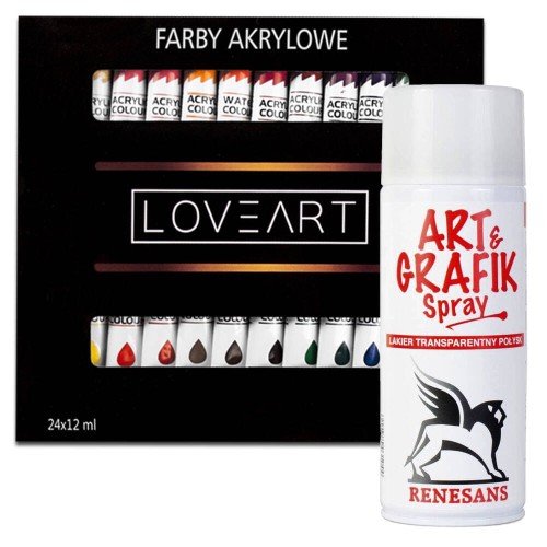 Farby akrylowe Loveart 24x12ml Werniks lakier w sprayu 400ml - połysk #1