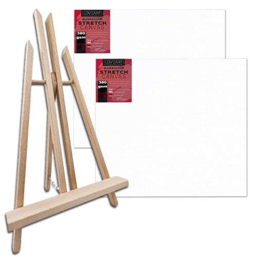 Sztaluga malarska stołowa bukowa 50cm, 2x podobrazie bawełniane 30x30cm #1