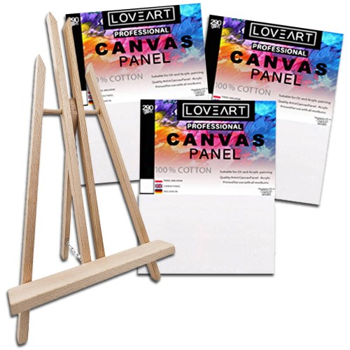 Sztaluga malarska stołowa bukowa 50cm, 3x panel malarski płócienny 24x30cm #1