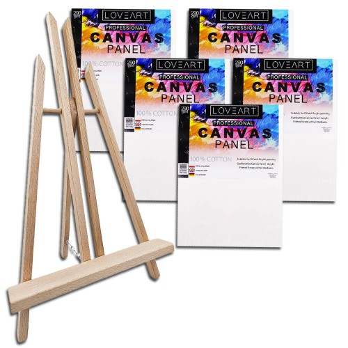 Sztaluga malarska stołowa bukowa 50cm, 5x panel malarski płócienny 18x24cm #1