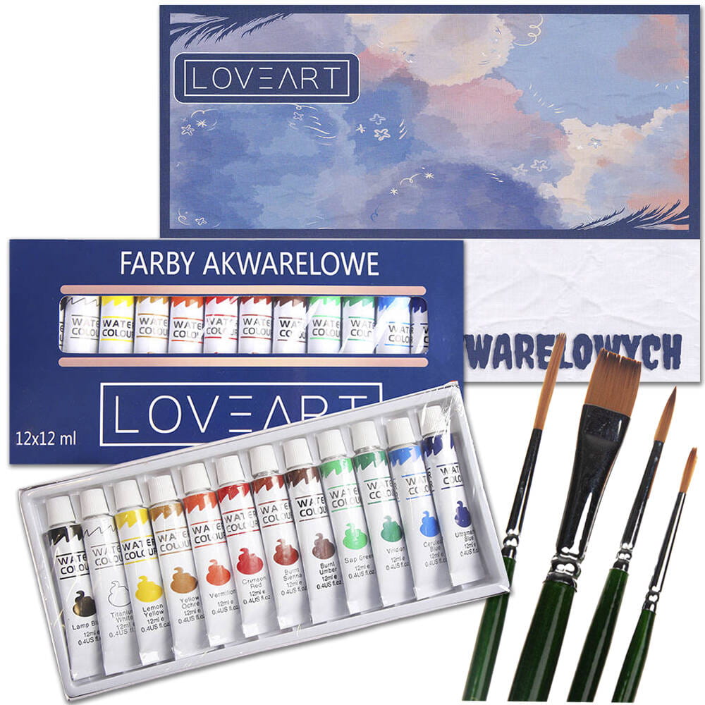 Farby akwarelowe Loveart 12x12ml, blok do farb, zestaw pędzli #1