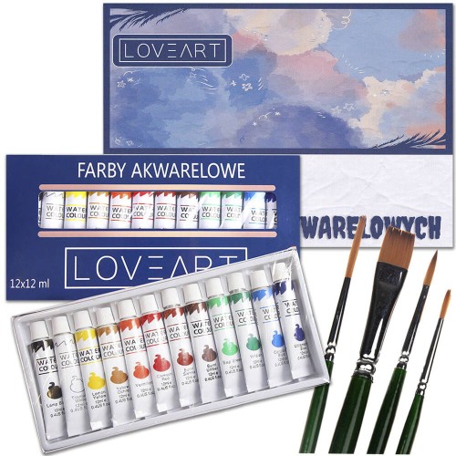 Farby akwarelowe Loveart 12x12ml, blok do farb, zestaw pędzli #1