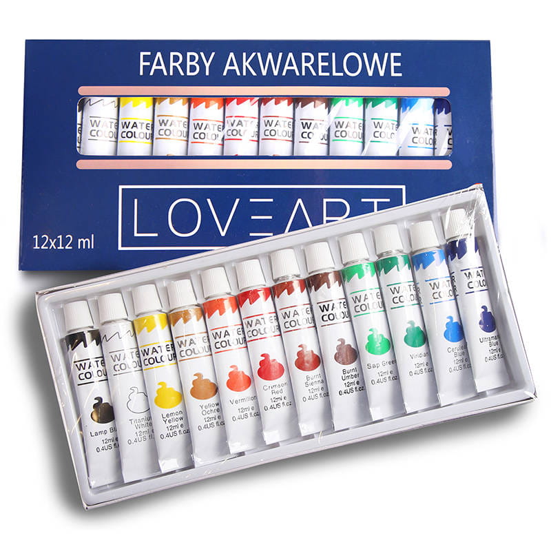 Farby akwarelowe Loveart 12x12ml, blok do farb, zestaw pędzli #2