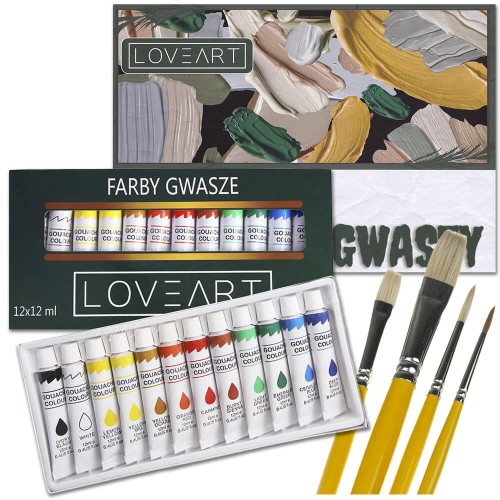 Farby gwasze Loveart 12x12ml, blok do farb, zestaw pędzli #1