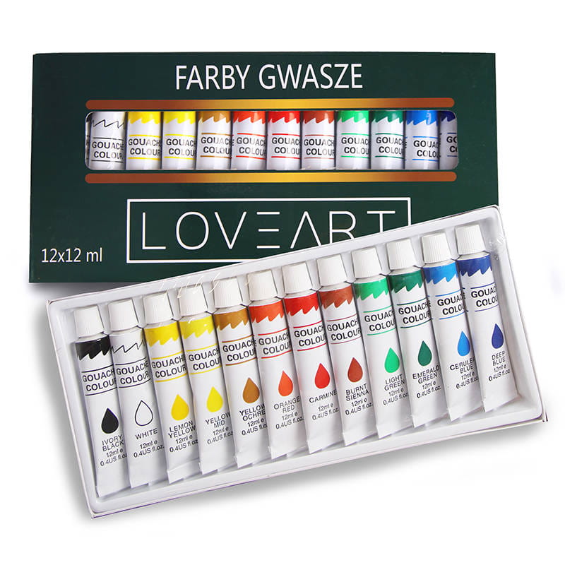 Farby gwasze Loveart 12x12ml, blok do farb, zestaw pędzli #2